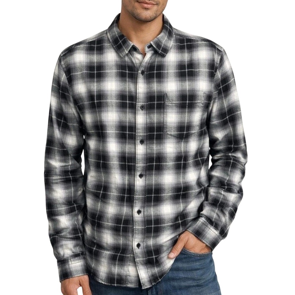 Sun + Stone Men's XXL Black White Plaid Button Down Shirt Cotton